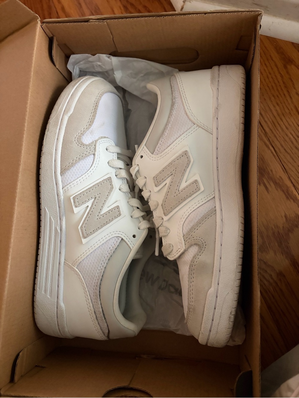 New Balance White and Tan Low-Top Sneakers